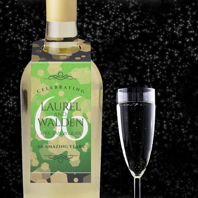 Étiquettes Pour Bouteilles 66e anniversaire de mariage en titanite élégant (66th wedding anniversary bottle hanger with champagne flute on a starry night sky.)