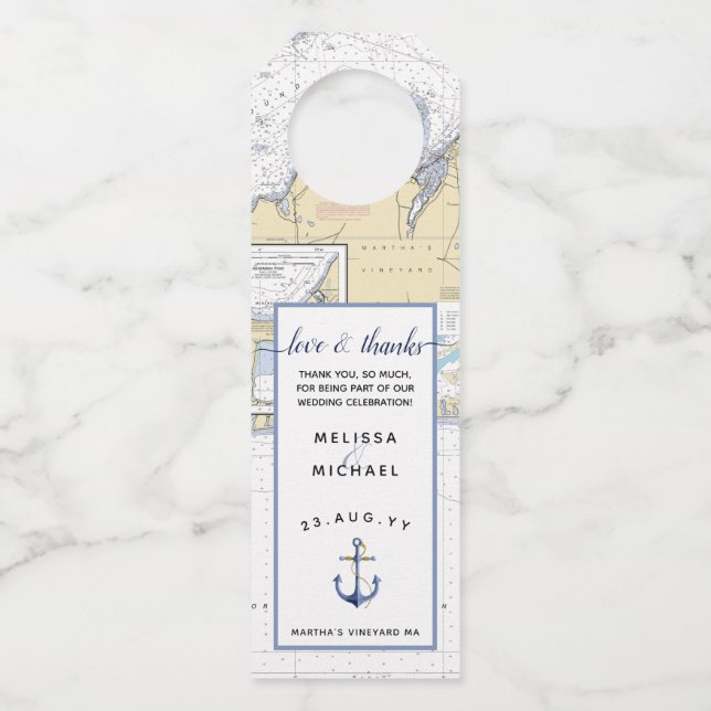 Étiquettes Pour Bouteilles Amour daté Merci avec note personnalisée + ancre (Devant)