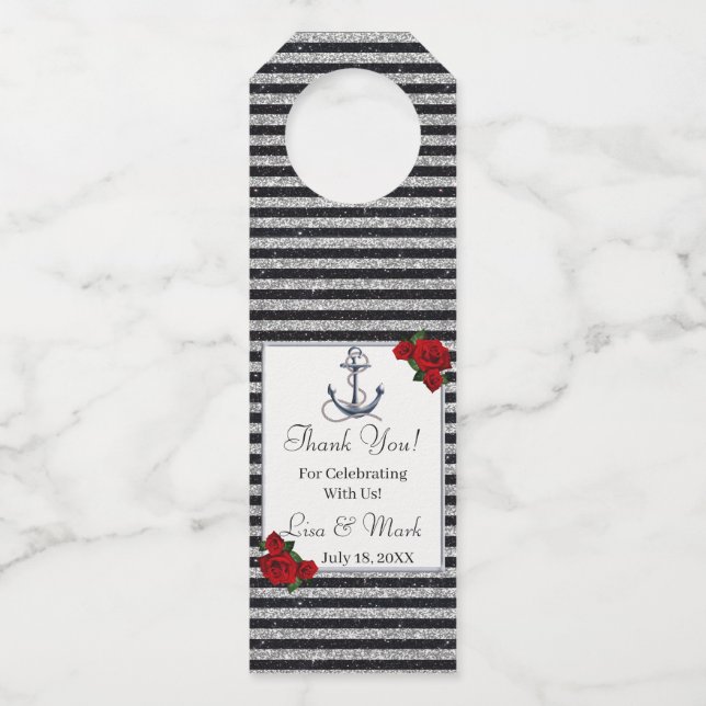 Étiquettes Pour Bouteilles Ancre nautique Mariage Silver Black Stripes (Devant)