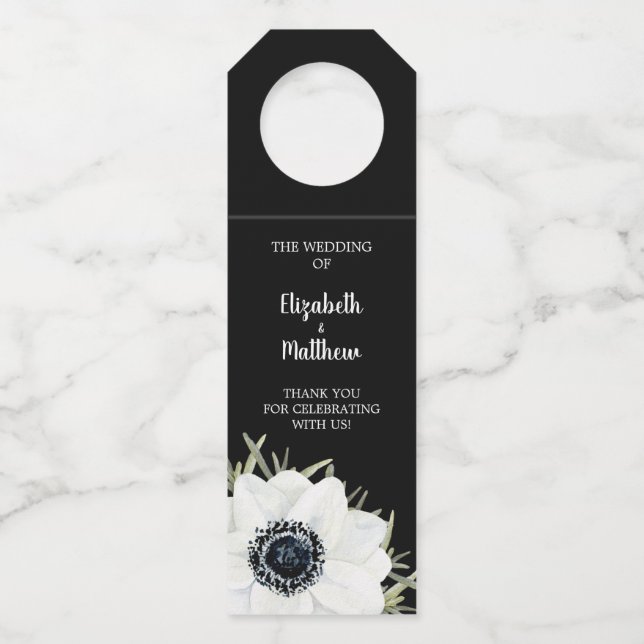Étiquettes Pour Bouteilles Anémones Noir Blanc Mariage Floral (Devant)