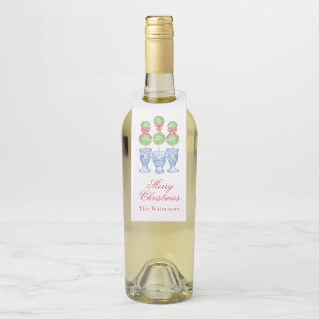 Étiquettes Pour Bouteilles Aquarelle Chinoiserie Christmas Bow Topiary (Sur bouteille)
