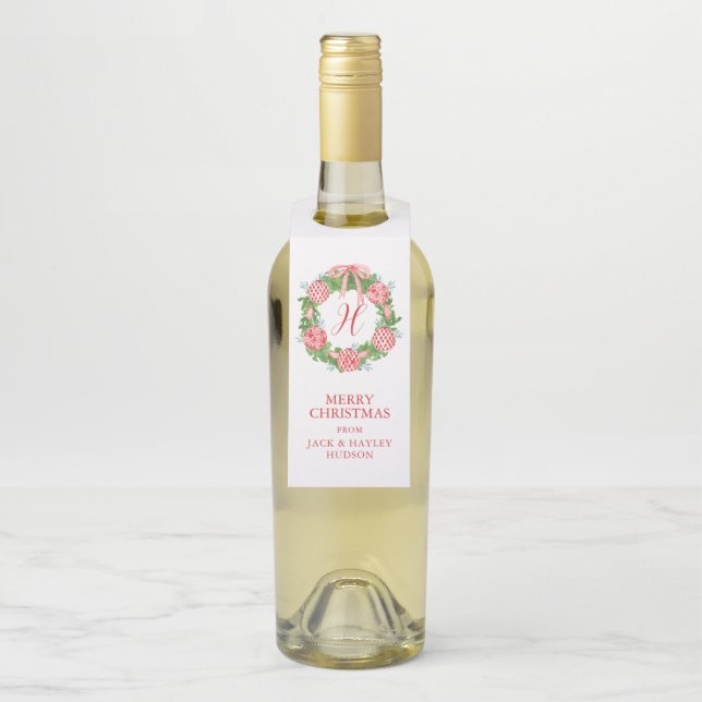 Étiquettes Pour Bouteilles Aquarelle Chinoiserie Wreath Monogramme Noël (Sur bouteille)