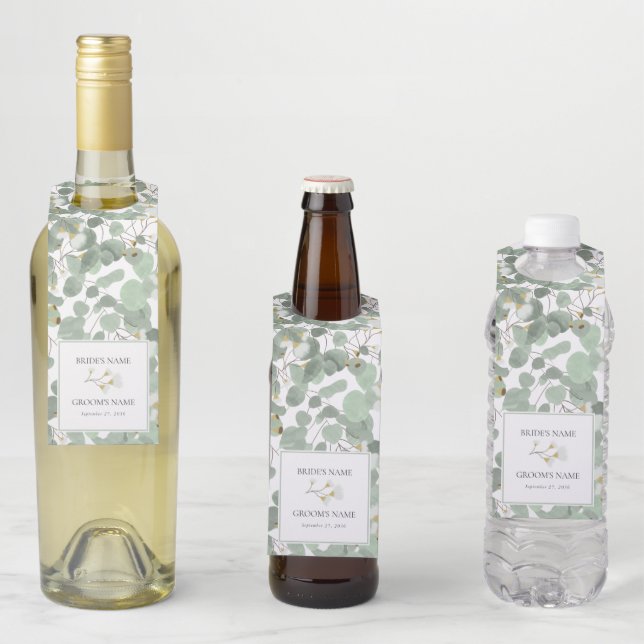 Étiquettes Pour Bouteilles Aquarelle Eucalyptus Mariage de fleurs vertes (En situation)