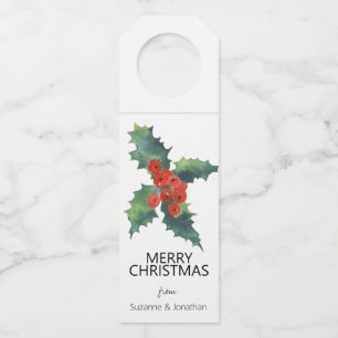 Étiquettes Pour Bouteilles Aquarelle Feuilles de houx de Noël