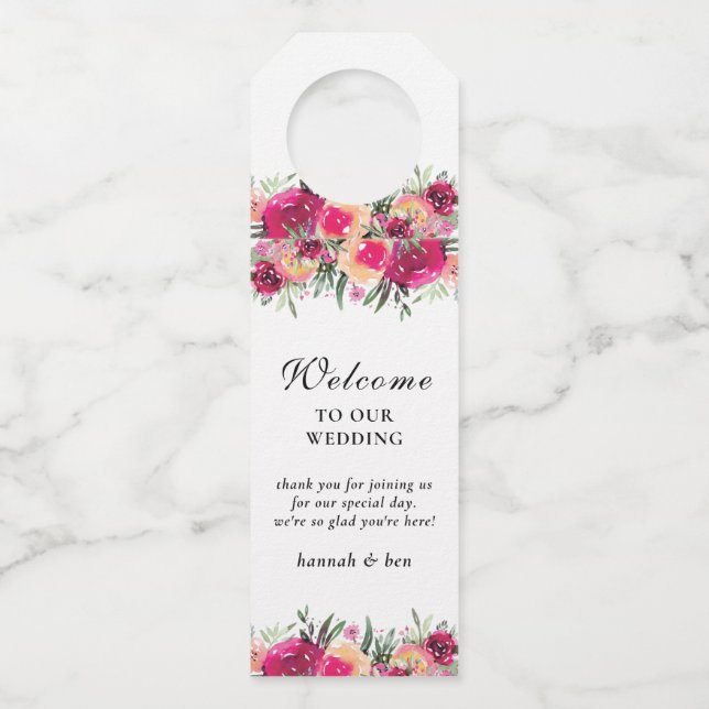 Étiquettes Pour Bouteilles Aquarelle Floral rose Mariage personnalisé (Devant)