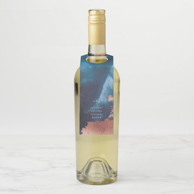 Étiquettes Pour Bouteilles Aquarelle Marine Blue Moody Rose Mariage or (Sur bouteille)