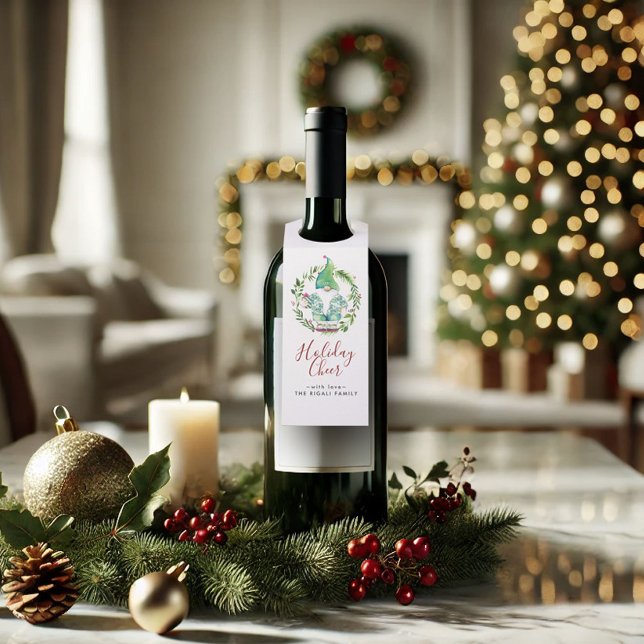 Étiquettes Pour Bouteilles Aquarelle Noël Gnome (Tropical Christmas wine hang tags watercolor art by Victoria Grigaliunas of Do Tell A Belle)