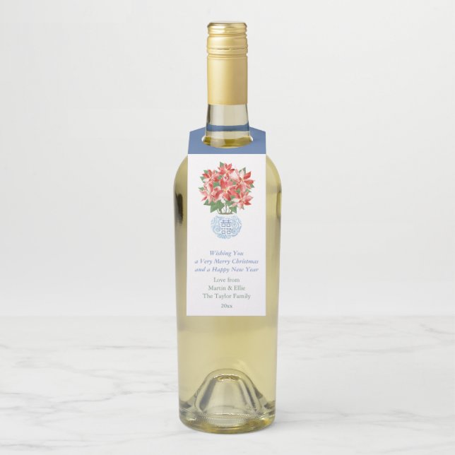 Étiquettes Pour Bouteilles Aquarelle Poinsettia Rouge Vert Joyeux Vacances (Sur bouteille)