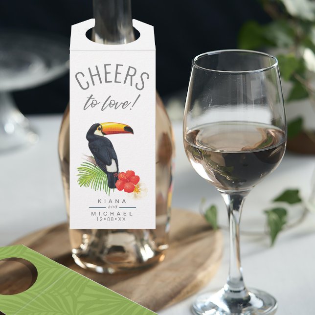 Étiquettes Pour Bouteilles Aquarelle Tropical Cheers to Love Green ID577 (Front/Back In Situ)