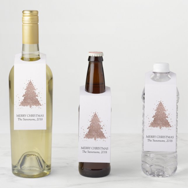 Étiquettes Pour Bouteilles Arbre de Noël | Glam Rose Gold Blush personnalisé (En situation)
