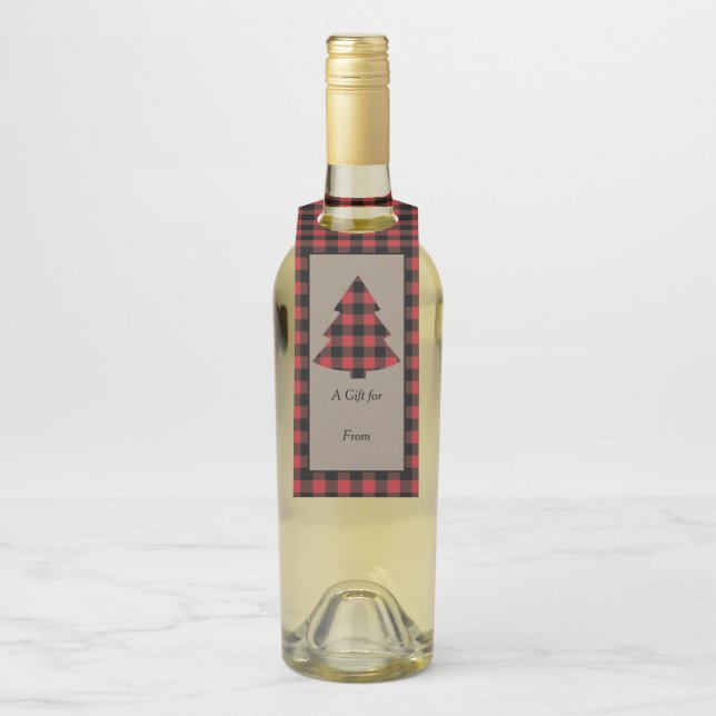 Étiquettes Pour Bouteilles Arbre de Noël Plaid Buffalo Rouge (Sur bouteille)