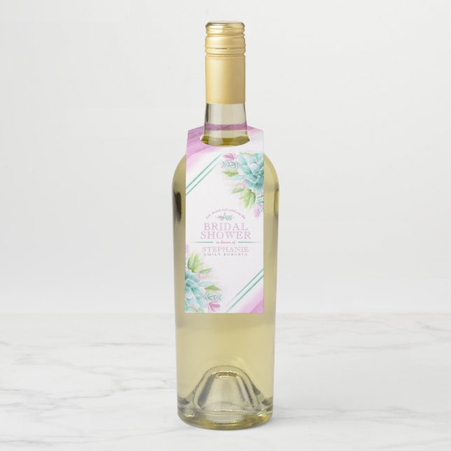 Étiquettes Pour Bouteilles Art aquarelle de plantes grasses vert rose mariage (Sur bouteille)