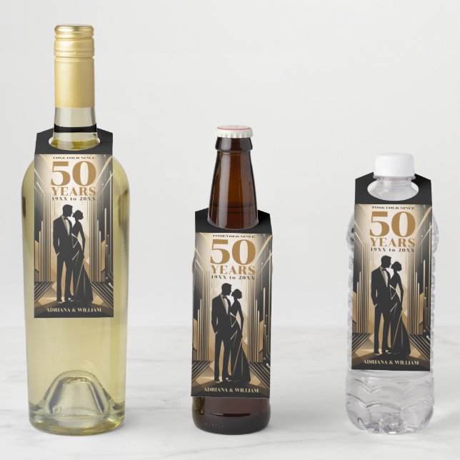 Étiquettes Pour Bouteilles Art Déco Rétro Mariage Anniversaire Noir & Or (En situation)