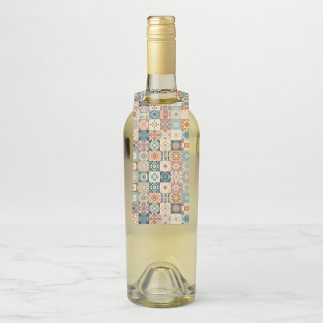 Étiquettes Pour Bouteilles Aspect vieilli, motif patchwork matelassé (Sur bouteille)