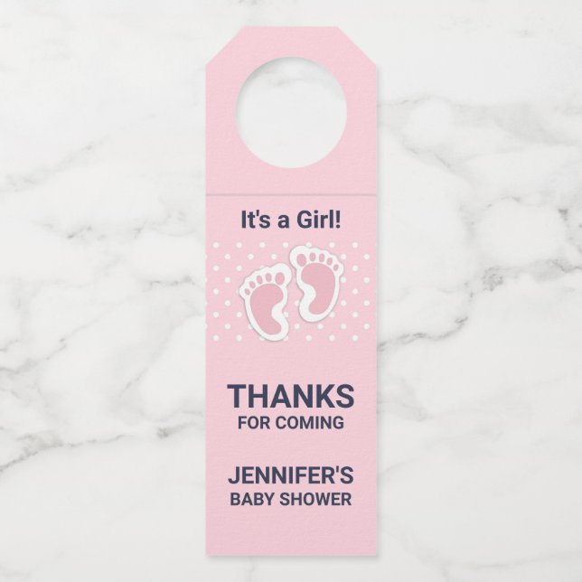 Étiquettes Pour Bouteilles Bébé rose mignon Empreintes C'est une fille (Devant)