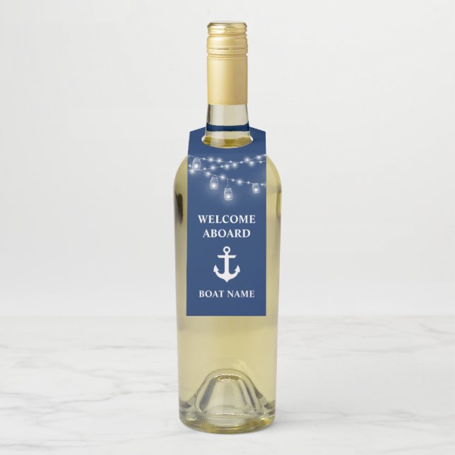 Étiquettes Pour Bouteilles Bienvenue à bord Bateau Nom Bleu Marine (Sur bouteille)