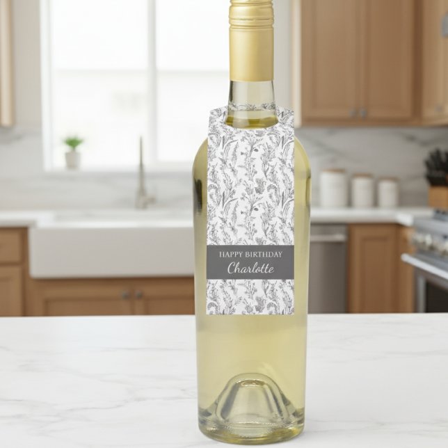 Étiquettes Pour Bouteilles Black White Toile Floral Custom Name Gift (elegant black and white toile floral personalized chic bottle hanging tag)