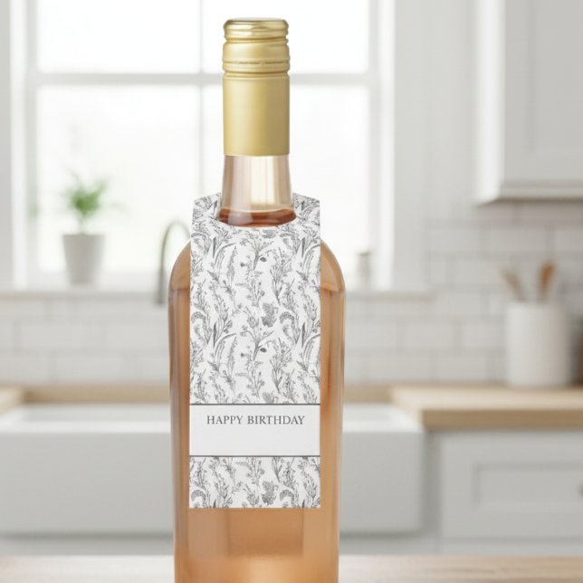 Étiquettes Pour Bouteilles Black White Toile Floral Gift (happy birthday customized black and white toile wine bottle label with hanging tag design)