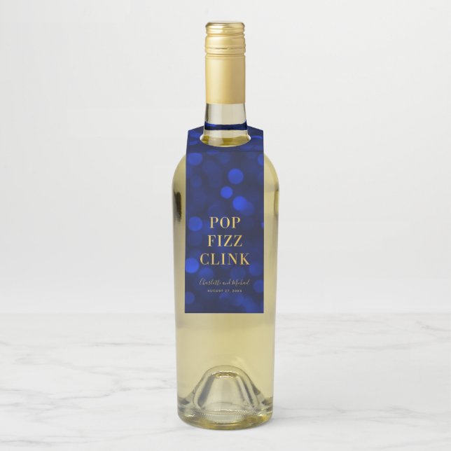 Étiquettes Pour Bouteilles Bleu Saphir Bokeh Faux Or Pop Fizz Clink (Sur bouteille)