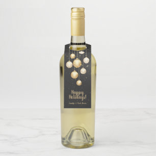 Étiquettes Pour Bouteilles Boules de Noël en Or sur Fond Noir