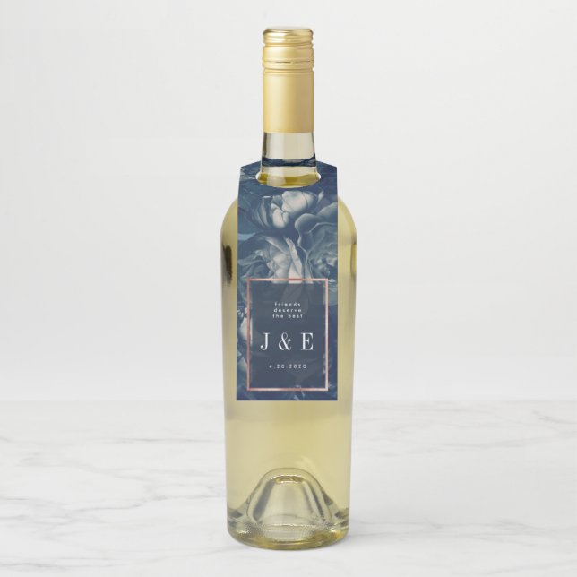 Étiquettes Pour Bouteilles Bouquet de mariage Rose Gold Navy (Sur bouteille)