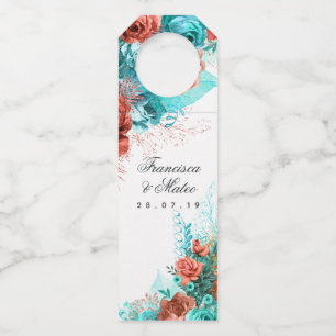 Étiquettes Pour Bouteilles Bouteille de mariage florale tropicale turquoise e