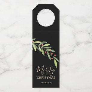 Étiquettes Pour Bouteilles Branche et baies sur un joyeux Noël noir