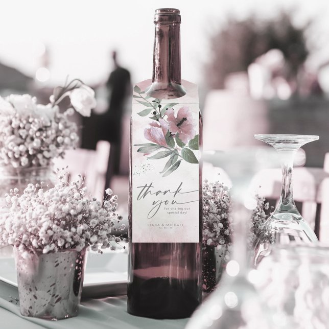 Étiquettes Pour Bouteilles Calligraphie Merci floral Mauve ID771 (Wine Bottle In Situ)