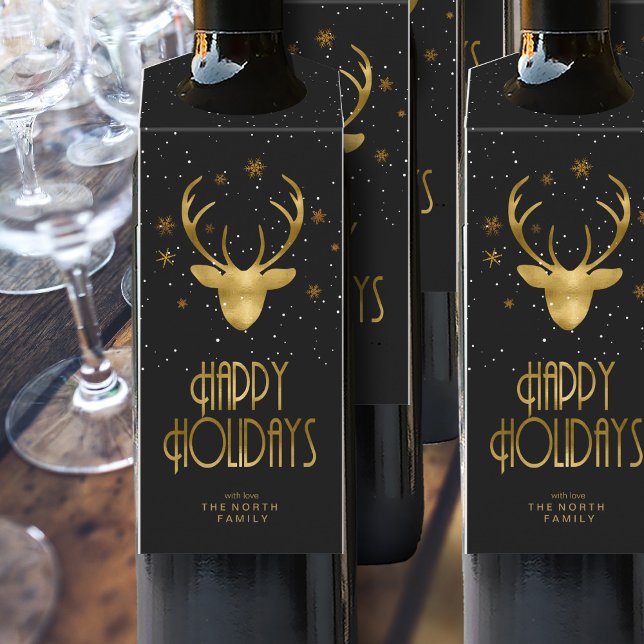 Étiquettes Pour Bouteilles Cerfs Antlers Silhouette & Snowflakes Gold ID863 (Wine Bottles In Situ)