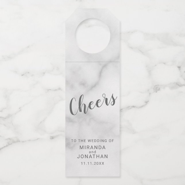 Étiquettes Pour Bouteilles 'Cheers' Élégant Mariage Marbre Script (Devant)