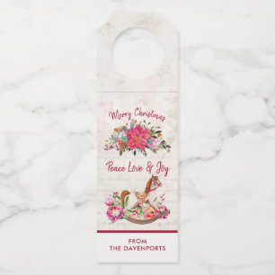Étiquettes Pour Bouteilles Cheval rocheux victorien et Poinsettia Noël