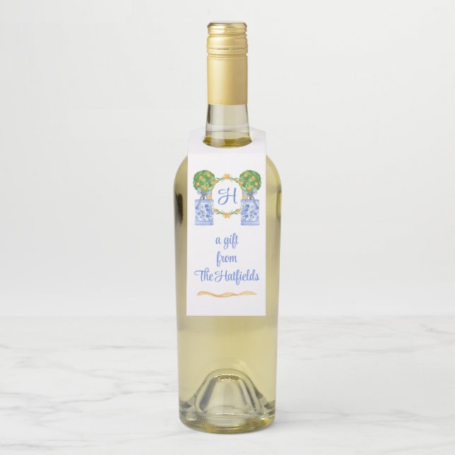 Étiquettes Pour Bouteilles Chinoiserie Aquarelle Monogramme Topiaire Citrus (Sur bouteille)