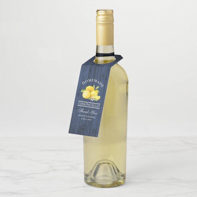 Étiquettes Pour Bouteilles Citrons Bleu Bois Limoncello Merci (Incliné)