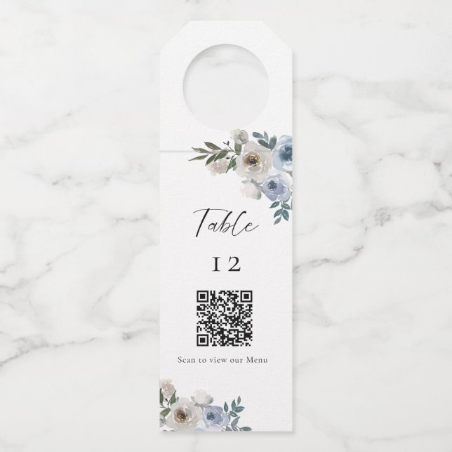 Étiquettes Pour Bouteilles Code QR de table de mariage bleu poussiéreux Menu  (Devant)