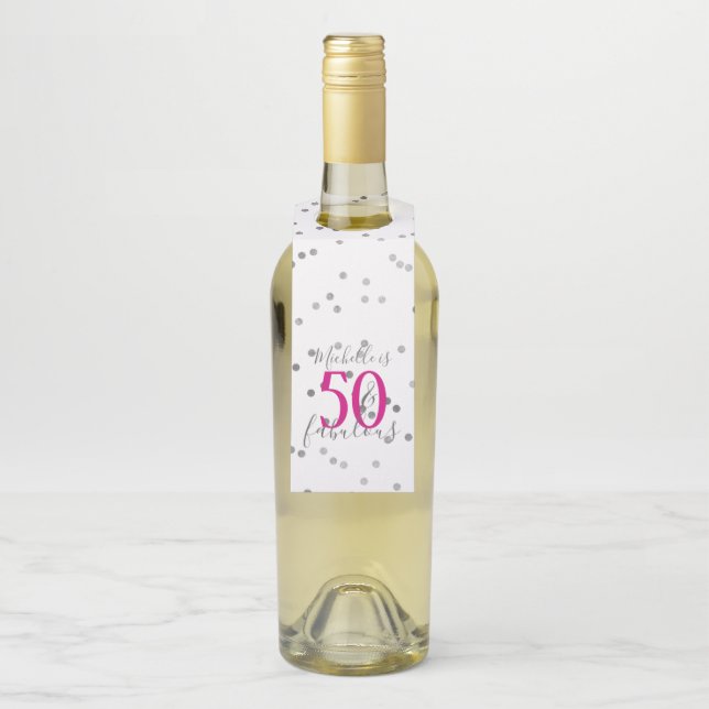 Étiquettes Pour Bouteilles Confettis d'Argent 50 et Joyeux Anniversaire (Sur bouteille)