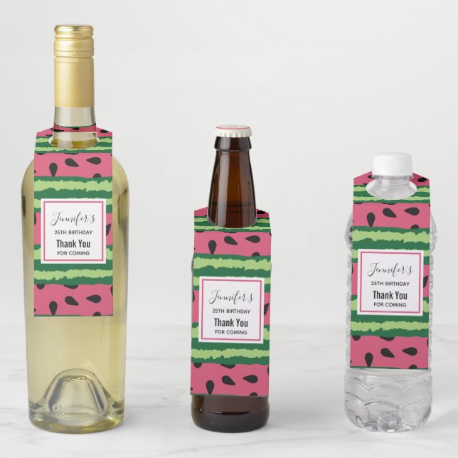 Étiquettes Pour Bouteilles Cute Watermelon Motif rose et vert Anniversaire (En situation)