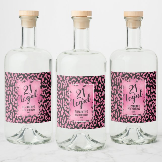 Étiquettes Pour Bouteilles De Liqueur 21 et Légal Pink Léopard Noir Personnalisé (Bouteilles)