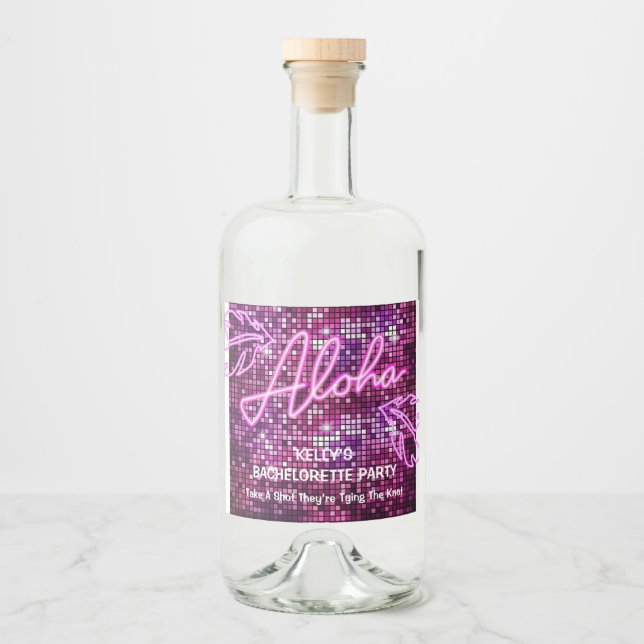 Étiquettes Pour Bouteilles De Liqueur Aloha Fête de Bachelorette Tropicale Disco Néon (Devant)