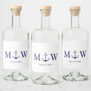 Étiquettes Pour Bouteilles De Liqueur ancre nautique mariage marine bleu blanc monogramm