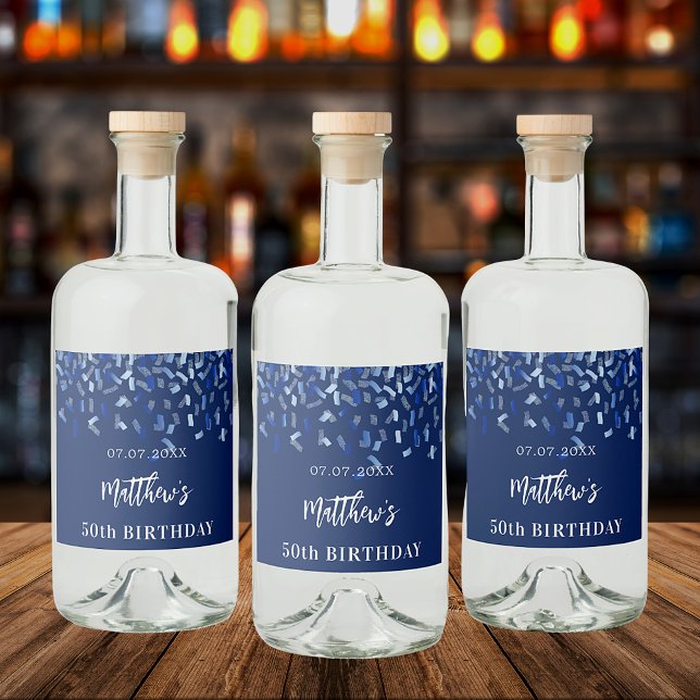 Étiquettes Pour Bouteilles De Liqueur Anniversaire de la fête marine bleu confetti nom (Créateur téléchargé)