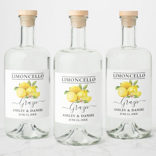 Étiquettes Pour Bouteilles De Liqueur Aquarelle Citrons Limoncello Mariage Grazie (Bouteilles)