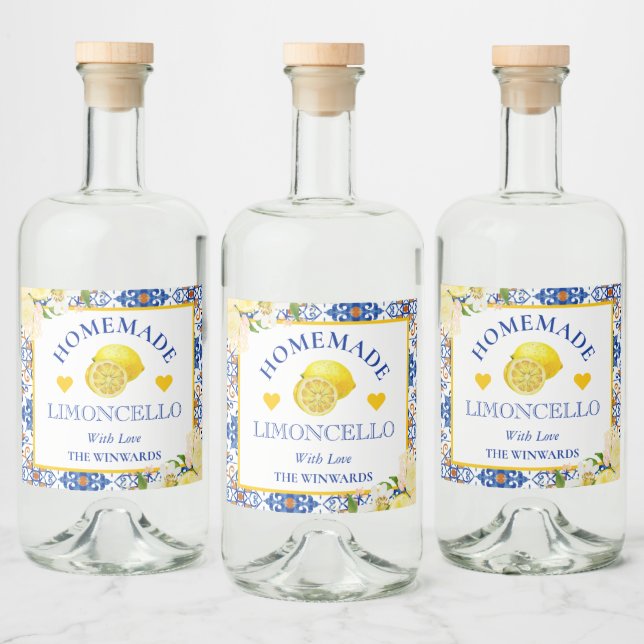 Étiquettes Pour Bouteilles De Liqueur Aquarelle jaune et bleu Limoncello fait maison (Bouteilles)