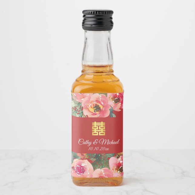 Étiquettes Pour Bouteilles De Liqueur Arrière - plan rose double bonheur symbole (Devant)