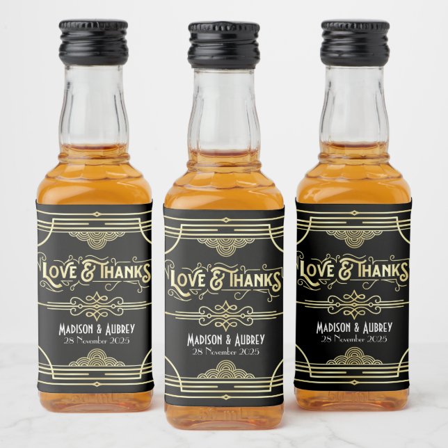 Étiquettes Pour Bouteilles De Liqueur Art Déco Mariage Amour & Merci Gold Black Faveur (Bouteilles)