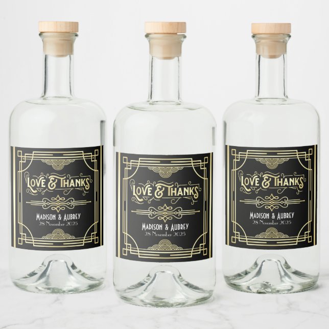 Étiquettes Pour Bouteilles De Liqueur Art Déco Mariage Amour & Merci Gold Black Faveur (Bouteilles)