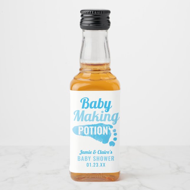 Étiquettes Pour Bouteilles De Liqueur Baby Making Potion Blue Footprint Douche Merci (Devant)