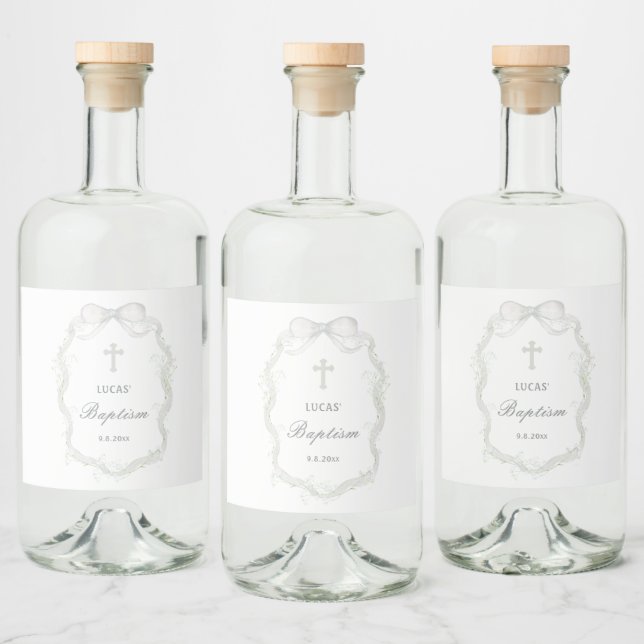 Étiquettes Pour Bouteilles De Liqueur Baptême de l'haleine du bébé au ruban blanc (Bouteilles)