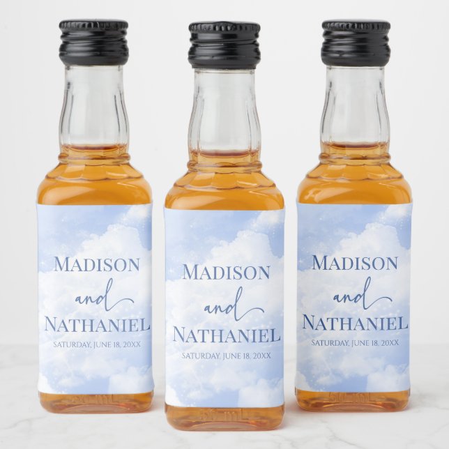 Étiquettes Pour Bouteilles De Liqueur Bleu Blanc Étincelle Nuages Rêveur Élégant Mariage (Bouteilles)