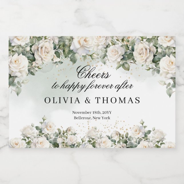 Étiquettes Pour Bouteilles De Liqueur Bouquet d'aquarelle opulent vert roses blanches (Étiquettes simples)