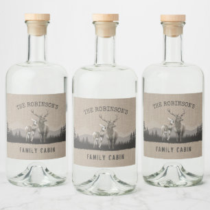 Étiquettes Pour Bouteilles De Liqueur Cabine familial Deer Pine Tree Forest Burlap Étiqu